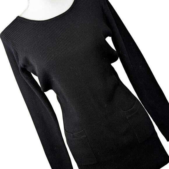 AB STUDIO! SLEEK BLACK RIBBED KNIT POCKET 2 FRONT SWEATER DRESS! SZ M - Picture 1 of 9